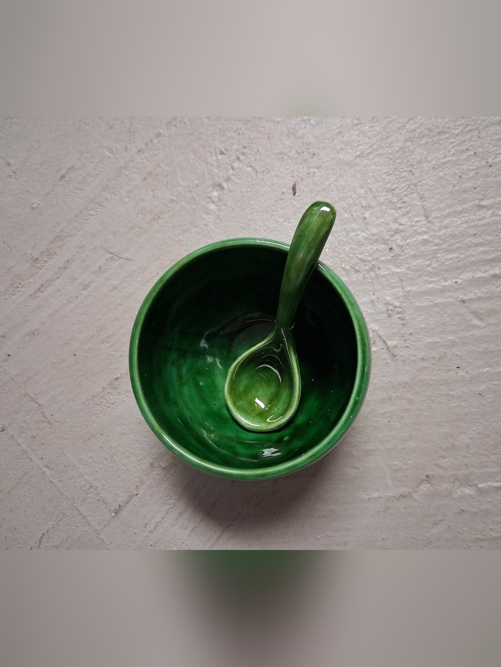 Handmade Green Ceramic Soup  Bowl with Spoon